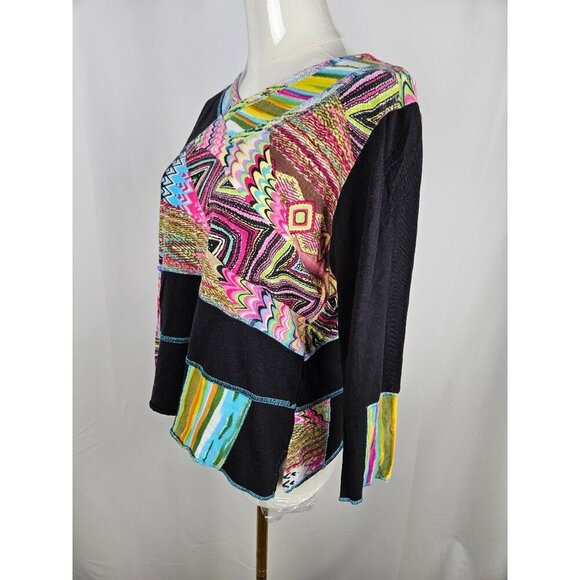 Parsley & Sage Top Petite Large Boho Mixed Media Artsy Colorful 3/4 Sleeve Black - Picture 2 of 8